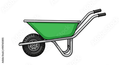 A green wheelbarrow illustration with metal frame and black wheel on a plain background viewed from the side
