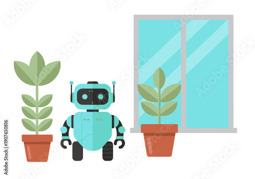 A friendly robot companion sits beside potted plants in a bright, modern room. Clean lines and a calming aesthetic create a welcoming scene.