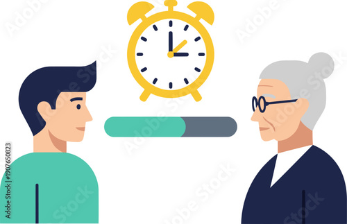 graphic illustration depicts a  man and an elderly  symbolizing the passage of time and health A progress bar visually represents aging highlighting the connection between clock age and life