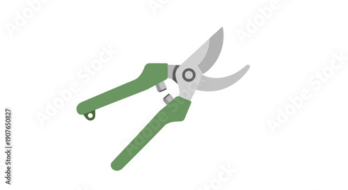 Gardening shears illustration with green handles and sharp blades on white background