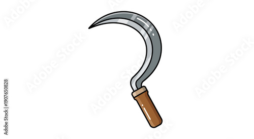 A close-up illustration of a sickle with a wooden handle against a plain background