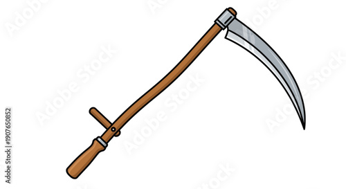 An illustration of a scythe with a wooden handle and metal blade, depicted in a simple graphic style