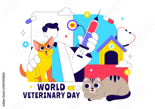 World Veterinary Day Vector Illustration Celebrating Dedicated Veterinarians Protecting Animal Health Welfare Through Flat Cartoon Style Background