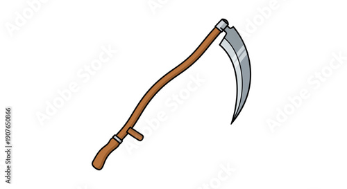 An illustration of a scythe viewed from the side, resting against a blank background.