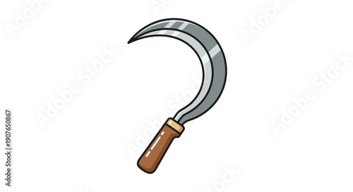 A sickle is prominently displayed against a clean background, showcasing its curved blade and wooden handle.