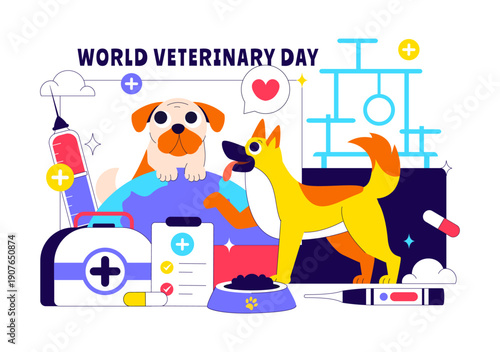 World Veterinary Day Vector Illustration Celebrating Dedicated Veterinarians Protecting Animal Health Welfare Through Flat Cartoon Style Background