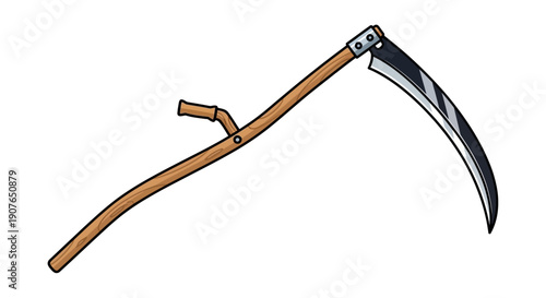 A scythe with a wooden handle and metal blade is depicted in a simple illustration style