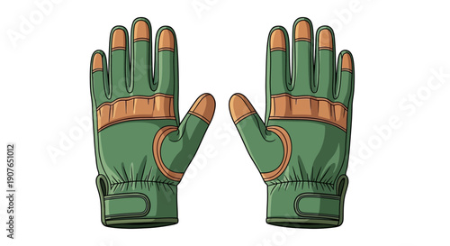 A pair of green gloves with brown accents and fingers extended on a plain surface from a front viewpoint