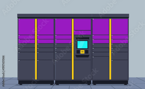 Modern auto parcel locker system with purple doors and a touchscreen. Clean, organized, and ready for delivery. Ideal for commercial settings.