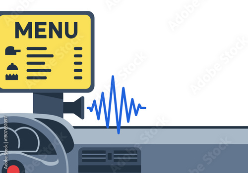 Modern drive-thru concept with a menu board and audio wave graphic. Bold branding and car details create a dynamic, next-generation visual. Suitable for tech, food, and automotive themes.