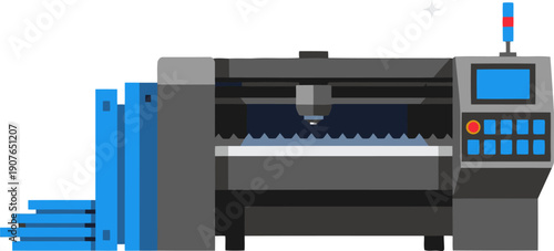 A modern metalworking machine cuts metal with precision. Clean lines, digital display, and a professional workspace. Ideal for industrial or technology visuals.