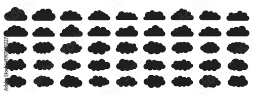 Cloud icons set. Solid blue styles, representing weather, sky, digital storage, weather apps, UI elements, and clean minimal designs. white cloud and blue sky vector set. cartoon clouds in flat design