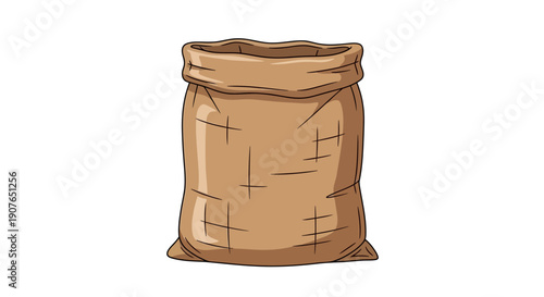 A brown sack with stitched seams standing upright on a plain background viewed from the front