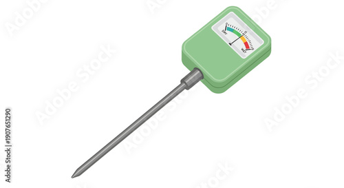 Digital thermometer illustration showing temperature measurement with green casing and sharp metal probe against a plain background.