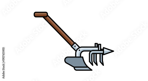 Illustration of a garden fork being used for planting in a garden from a side view