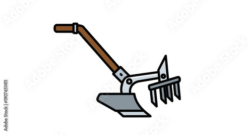 Illustration of a gardening tool with a hoe and rake attachment being used in a garden from a side viewpoint