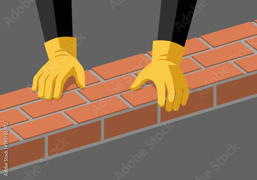 A skilled bricklayer carefully places bricks on a foundation, showcasing precision and craftsmanship. Clean, modern illustration.
