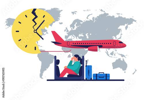 A red airplane experiences jet lag, disrupting a clock over a world map. A woman sits feeling unwell, highlighting the discomfort of time zone changes. Modern, illustrative style.
