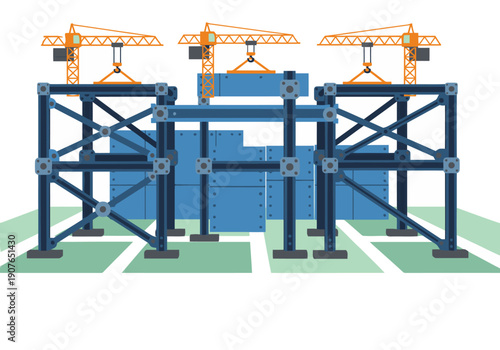 Steel fabrication construction site showcases a complex framework with cranes. A modern, industrial scene with blue steel elements and a green backdrop. Ideal for heavy industry visuals.
