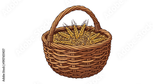 A wicker basket filled with golden wheat, viewed from the front against a plain background.