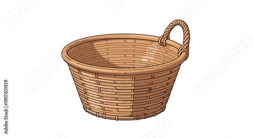 A wicker basket with a handle is illustrated in a simple style on a neutral background from a slightly elevated viewpoint