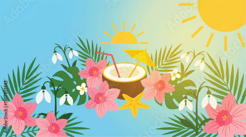 tropical summer vacation illustration with coconut drink and flowers