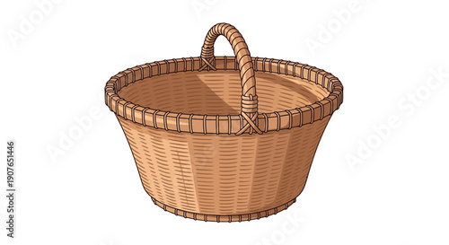 A wicker basket with a handle, viewed from above, sitting on a plain surface, illustration, domestic item, still life