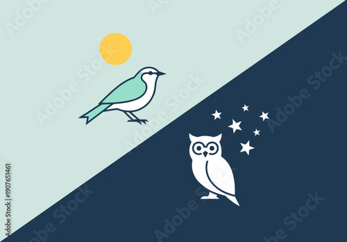 A stylized clock illustration featuring a lark owl and a night owl, symbolizing chronotype.  Clean, modern design with pastel colors and simple icons. Perfect for time-related concepts.