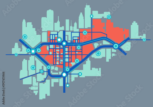 A stylized city map highlights a health response area with data visualization. Modern, digital design. Ideal for urban planning, healthcare, and technology concepts.