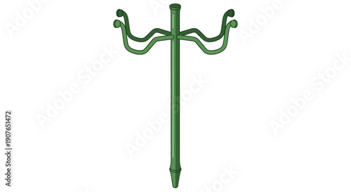 A green metal coat rack with four hooks stands upright on a white surface viewed from the front