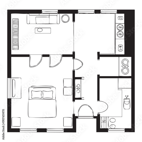 Black and white floor plan of a hotel room with a bed, bathroom, and living area