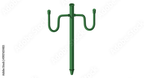 A green metal garden fork with three tines on a white background viewed from the front