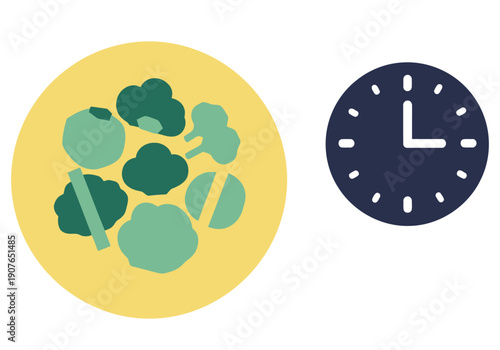A stylized graphic illustrates chrononutrition ? aligning food timing with the body?s internal clock. A plate of broccoli sits beside a clock, promoting healthy eating habits.