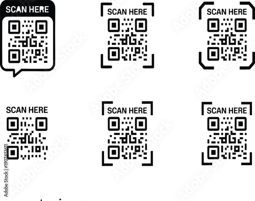 Black and white QR code scan here label and frame set illustration, minimal digital access icons, modern vector design