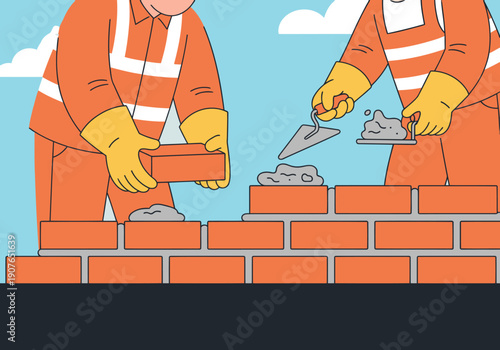 Two construction workers manually lay bricks, showcasing a detailed brick wall build. Bright orange vests and gloves highlight the focused labor. Professional, clear, and visually appealing.