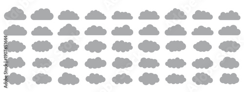 Cloud icons set. Solid blue styles, representing weather, sky, digital storage, weather apps, UI elements, and clean minimal designs. white cloud and blue sky vector set. cartoon clouds in flat design
