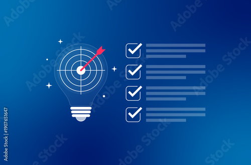 Business idea and goal achievement concept with target light bulb and checklist, flat vector illustration