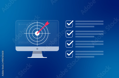 Business goal achievement concept with target icon on computer monitor, flat vector illustration