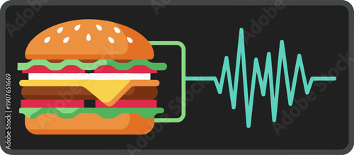A vibrant graphic showcasing an AI voice order burger with a soundwave overlay. Modern, digital design. Perfect for tech and food marketing.