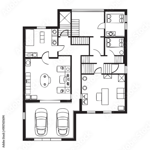 Black and white floor plan of a house with two cars in a garage and multiple rooms