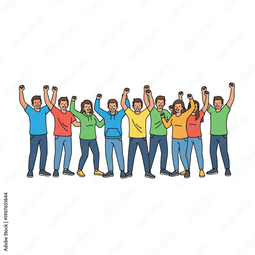 Obraz premium Diverse Group of Happy Young People Raising Fists Cheering Together