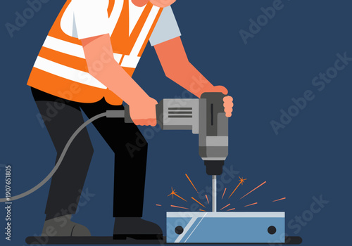 A worker drills metal, sparks flying, showcasing metal fabrication.  Clear, bright, and professional. Ideal for industrial or manufacturing visuals.