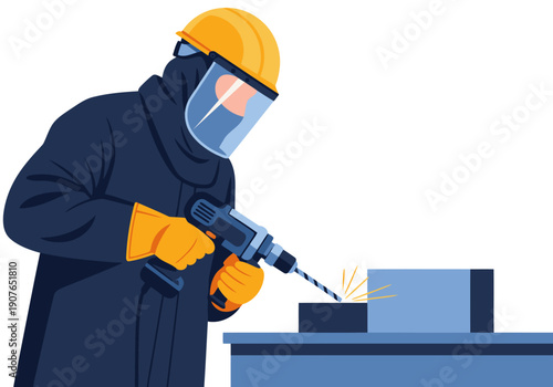 A worker in protective gear drills steel, showcasing safety and industrial strength. Bold text highlights worker protection. Professional, detailed illustration.