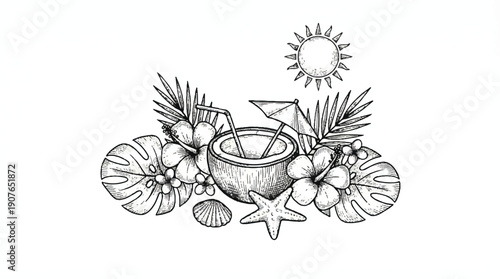tropical summer vacation illustration with coconut drink and palm leaves and flowers