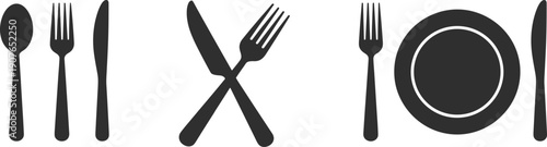 Cutlery and tableware icon set with spoon fork knife plate silhouettes isolated on white background vector illustration