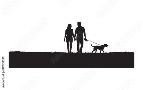 A couple strolling together while walking their dog
