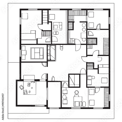 Black and white floor plan of a multi-room apartment with furniture and fixtures rooms