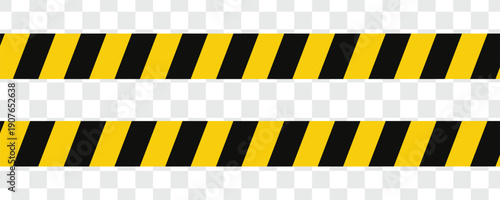Warning tape with yellow and black diagonal stripes. Warn stop seamless line. Yellow and black caution tape border.