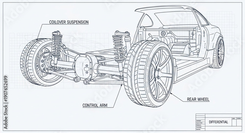 Automotive Chassis Blueprint Technical Drawing.
