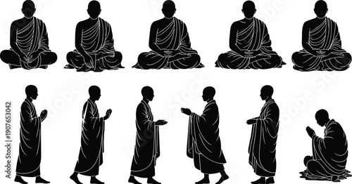Black Buddhist monk silhouette set isolated on white background showing meditation, walking and praying poses, spiritual practice, religious tradition, calm mindfulness illustration collection